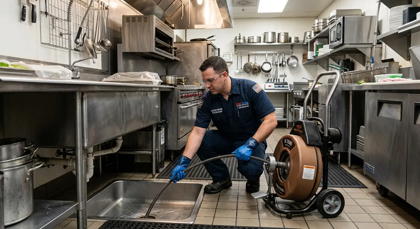 Commercial drain cleaning service in a restaurant kitchen in Preston