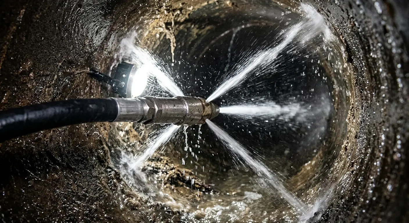 High-pressure hydro jetting nozzle cleaning sewer pipe for Sewer Cleanout in Preston