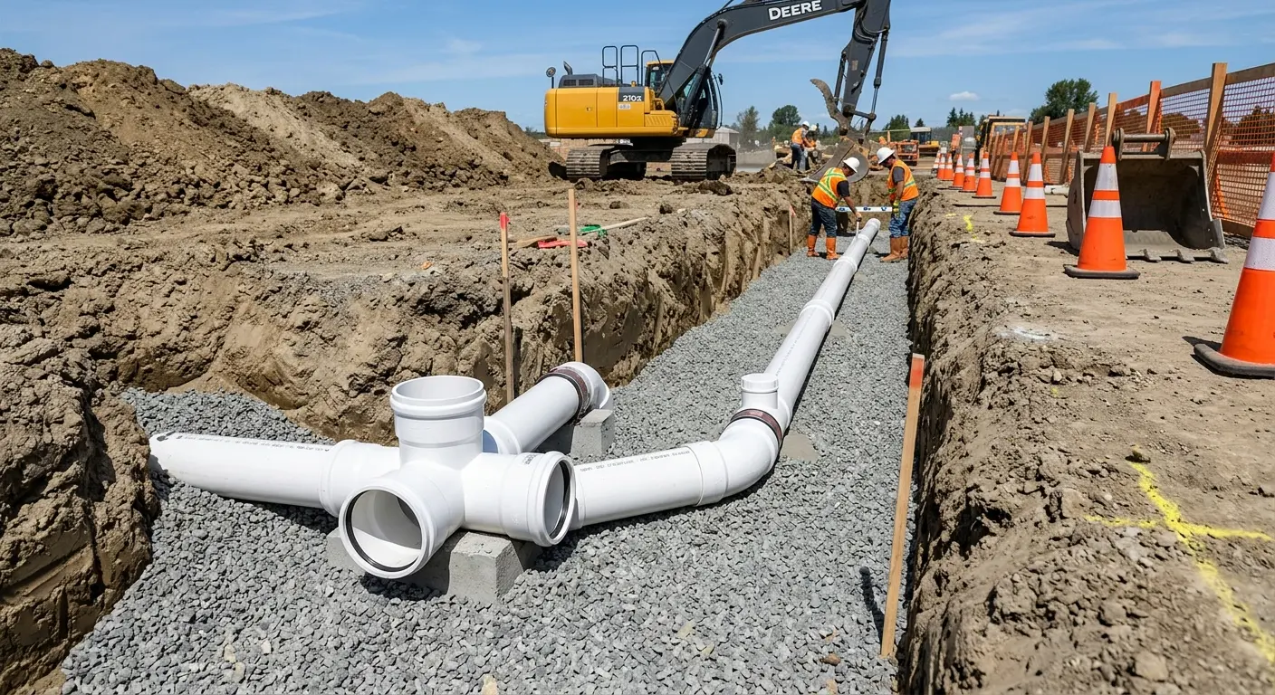 New PVC sewer pipe installation in open trench for Sewer Backup in Preston