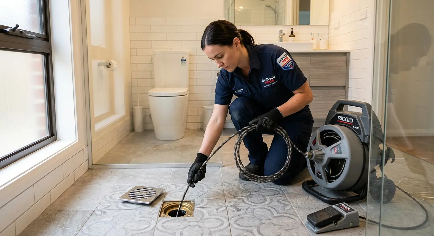 Technician clearing a bathroom floor drain for Drain Cleaning in Preston